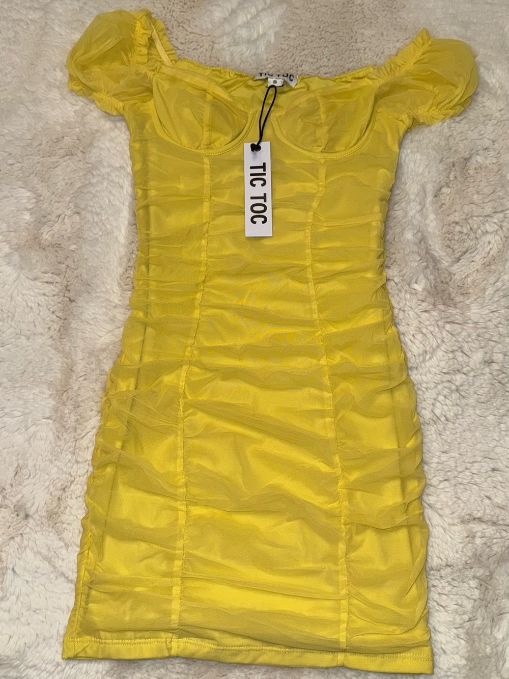Yellow Ruched Mesh Mini Dress